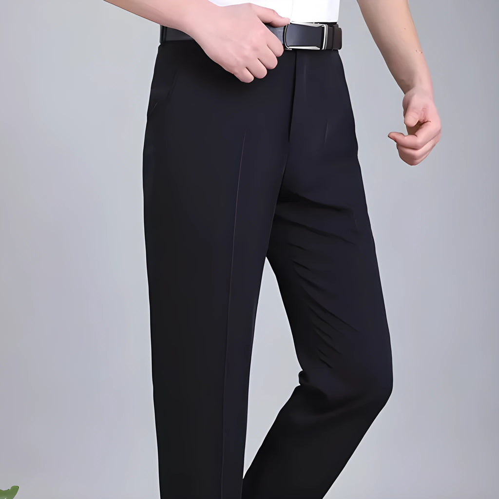 Men's straight-leg suit trousers in mulberry silk fabric on a hanger