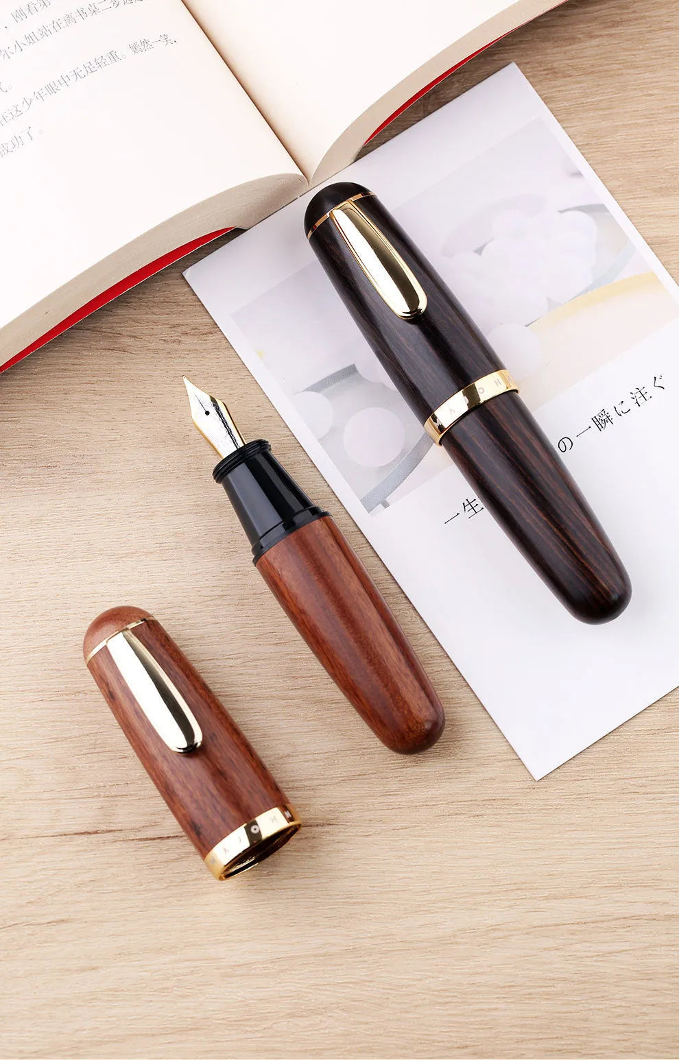 Solid wood short chubby ink pen with fine tip on wooden surface