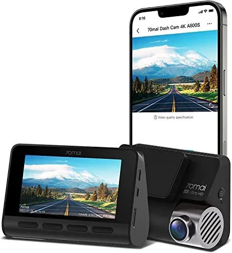 70mai A800S true 4K dash cam with Sony IMX415 sensor in black mounted on car windscreen
