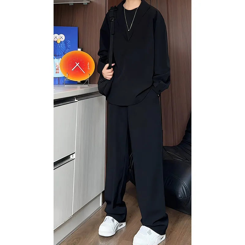 Men's black casual two-piece suit with long sleeve polo shirt and slim fit trousers