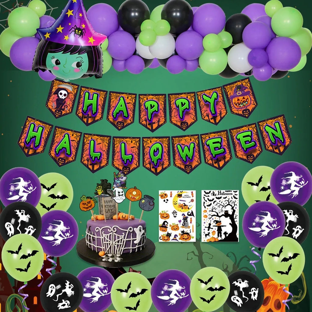 Halloween spider balloon arch decoration set with skull and pumpkin balloons in white and black colours