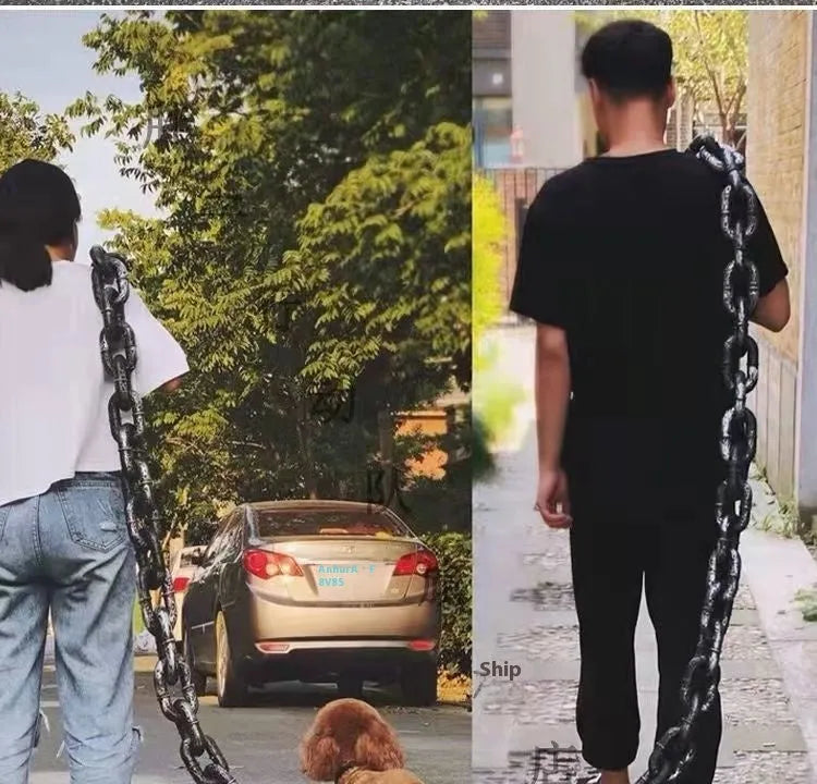 Simulation dog leash prop in bronze colour with rope-style design and chain detailing for video production