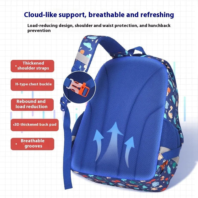 Children's Oxford cloth school backpack in a dinosaur pattern, showing curved straps and spine protection design.