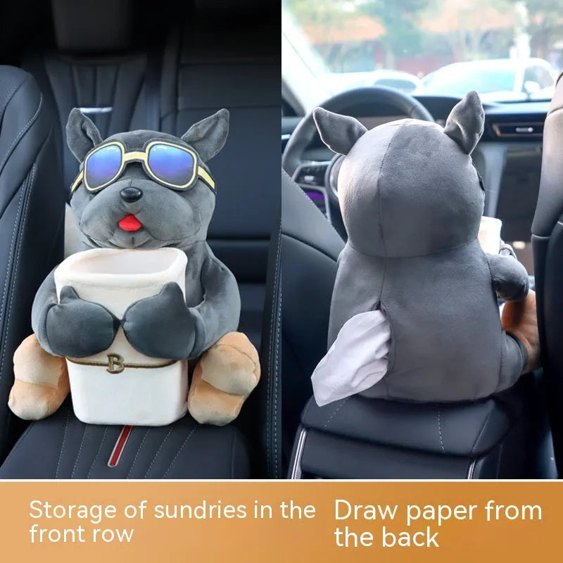 Plush fabric car tissue box for flip armrest showing Man Dog character design