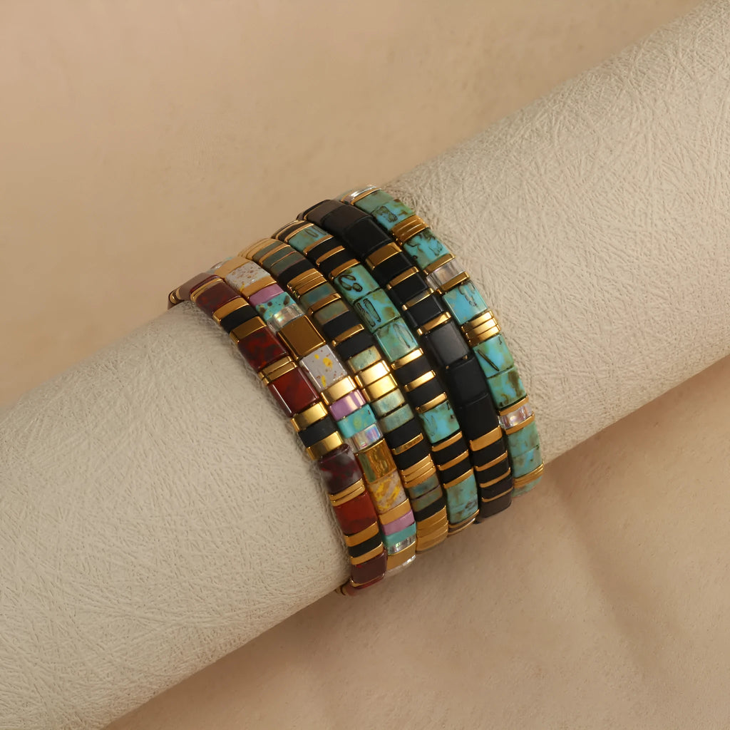 Geometric glass beaded bracelet in five colour options with pull beads adjustment