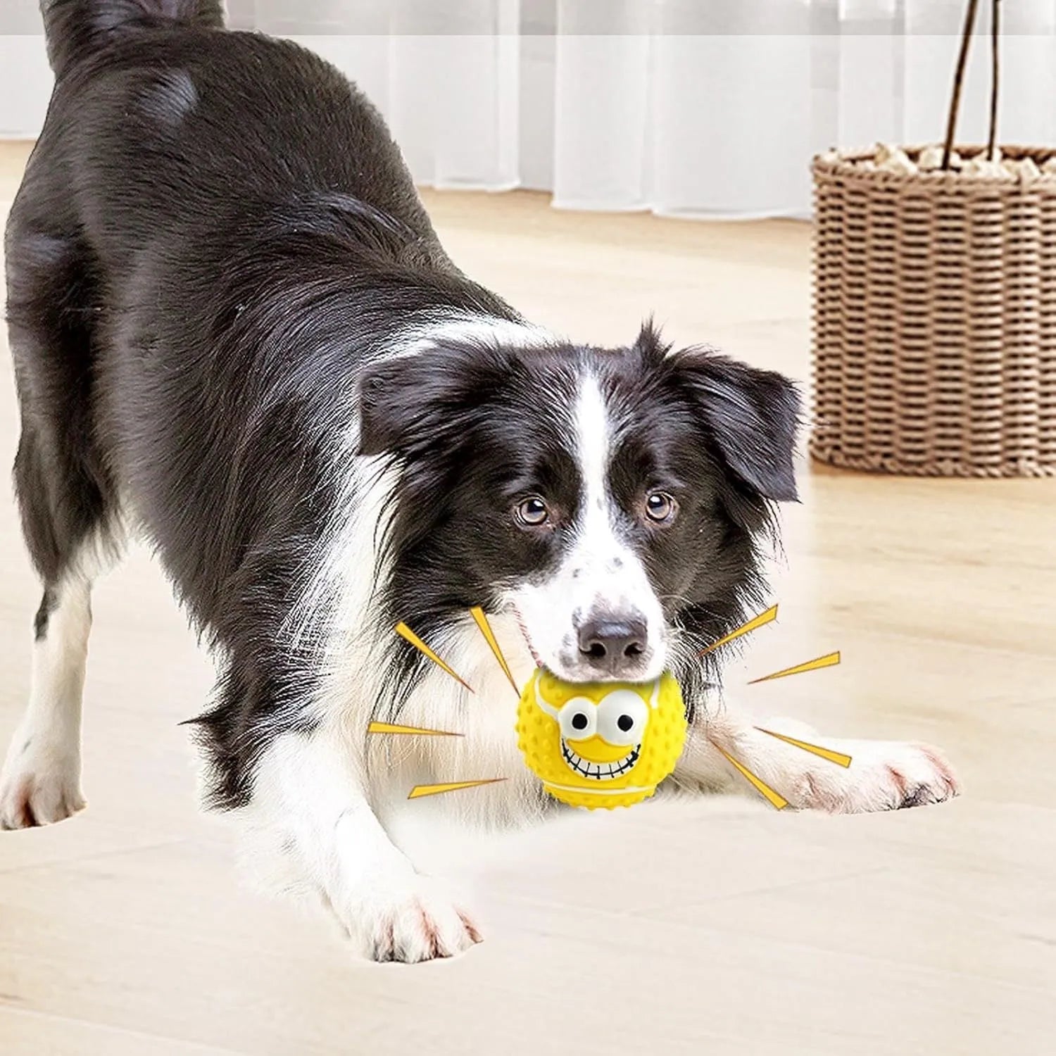 Latex face ball dog toy in green orange yellow colours with smiley design