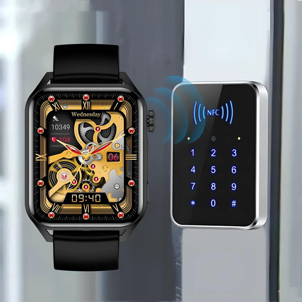Pink, black, and silver grey smart watch with a 1.8-inch screen on a silicone strap.