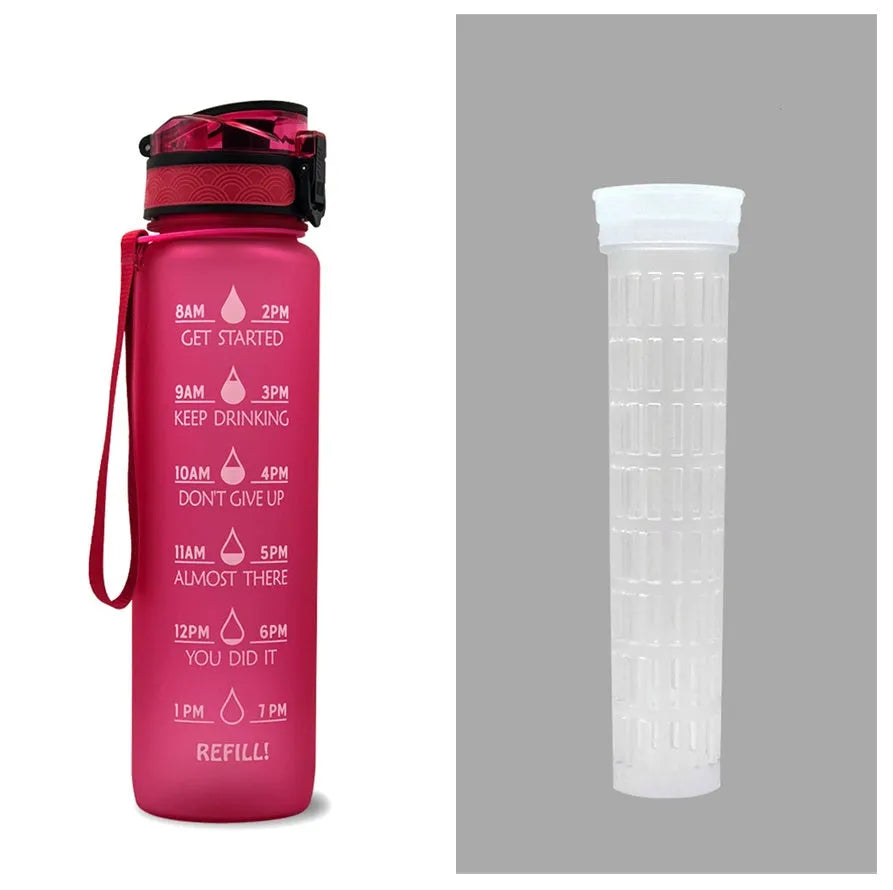 Blue and red gradient 1 litre Tritan sports water bottle with time markers and flip-top lid