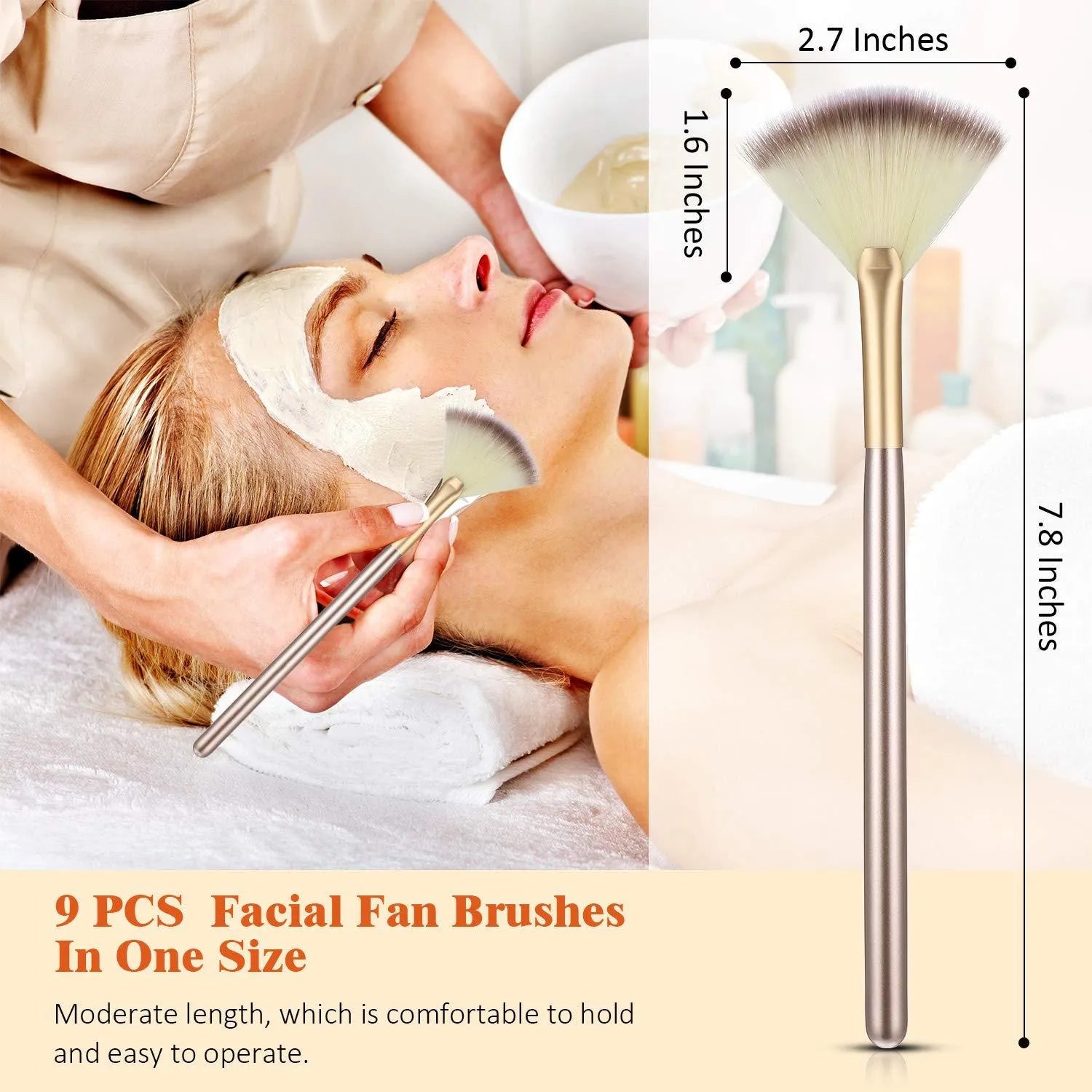 10 professional facial fan brushes with champagne finish acrylic handles and soft fibre bristles