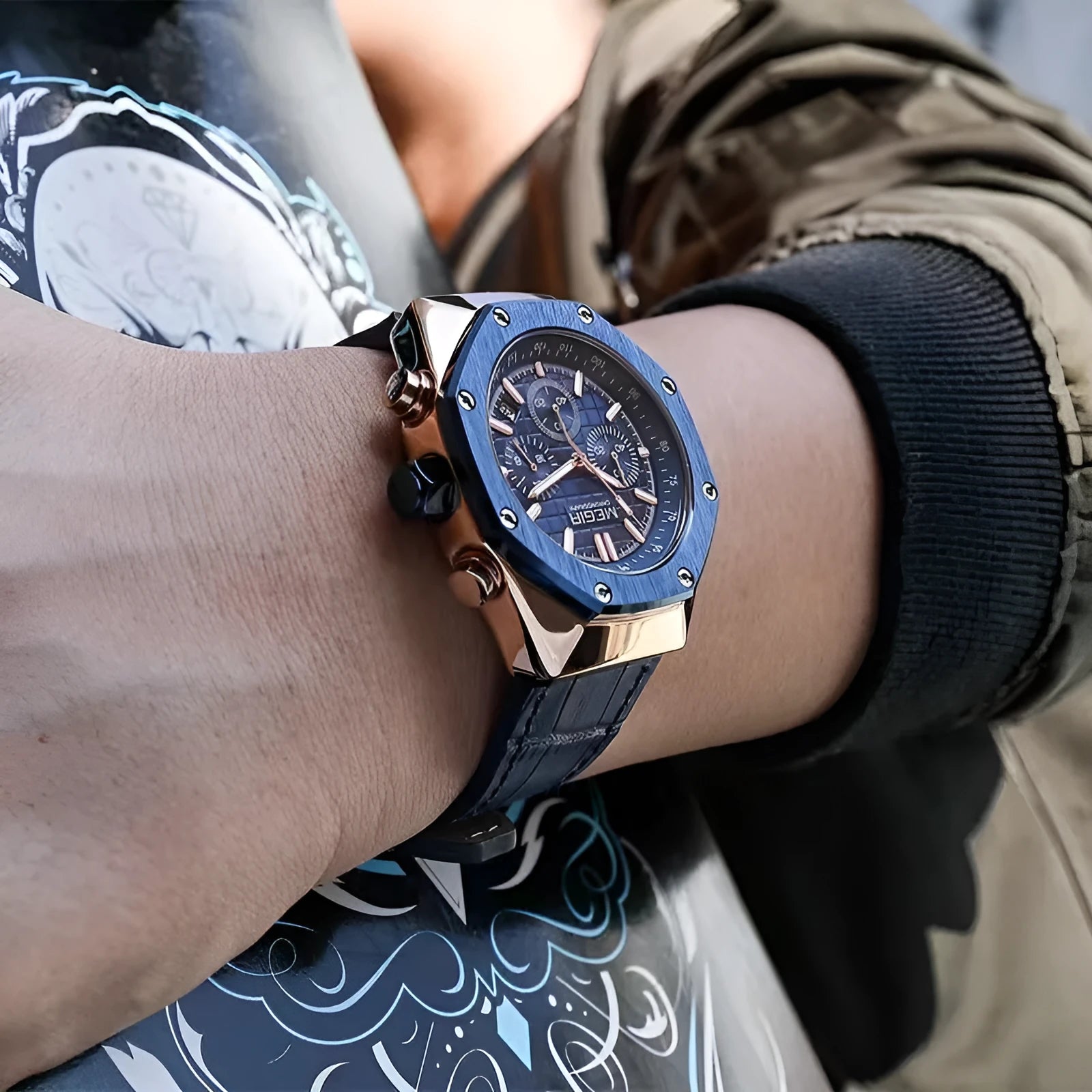 Men's waterproof quartz watch with steel belt in three colour options showing 13mm thickness