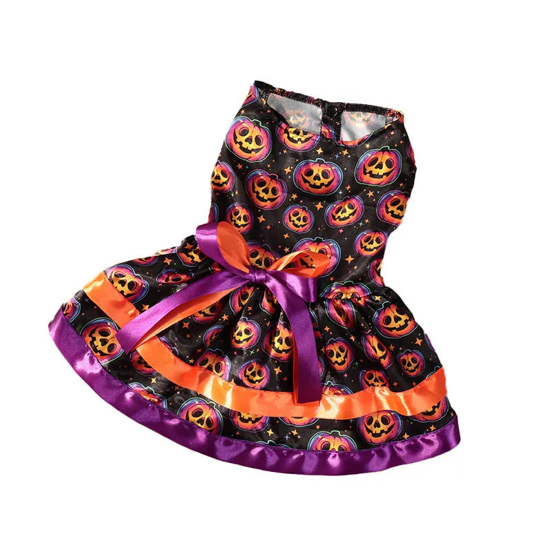 Halloween dog skirt with colourful pumpkin or skull print, double-layer design, size options S M L XL.