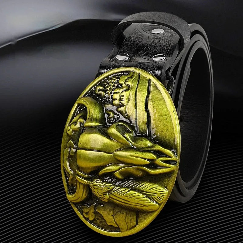 Men's brown imitation leather belt with decorative alloy cow head buckle and pin buckle fastening