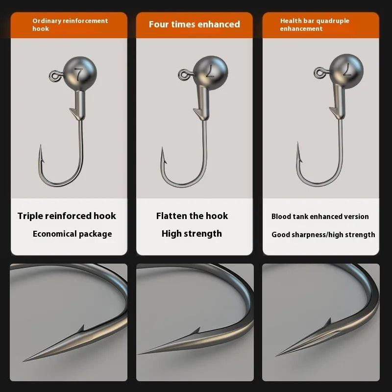 Set of 50 enhanced 7G steel jig hooks with a lead-headed hook for fishing tackle.