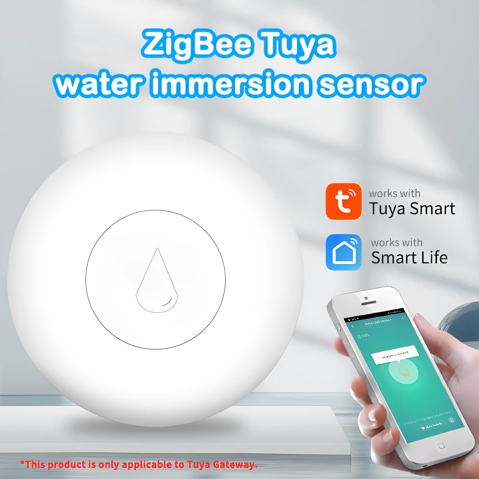 Zigbee wireless water leak sensor flood detector on a white surface.