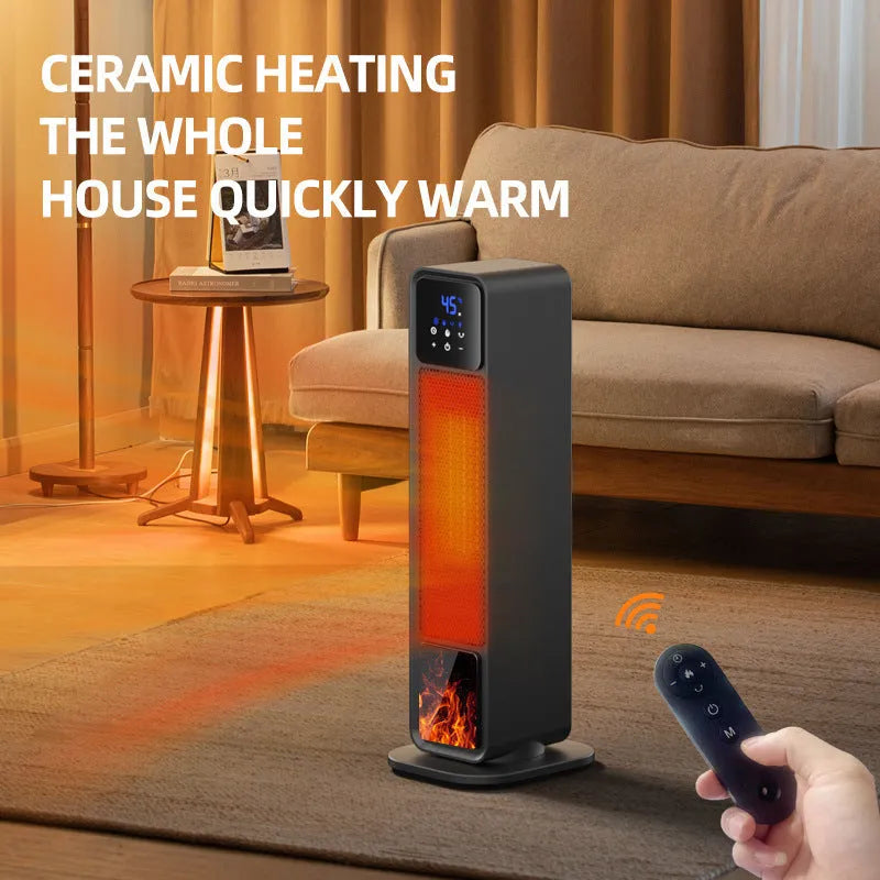 Black home standing electric heater with oscillating head, ceramic heating, and remote control on a floor