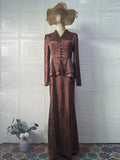 Dark brown women's retro dress with fake two-piece design, button details, and long sleeves.