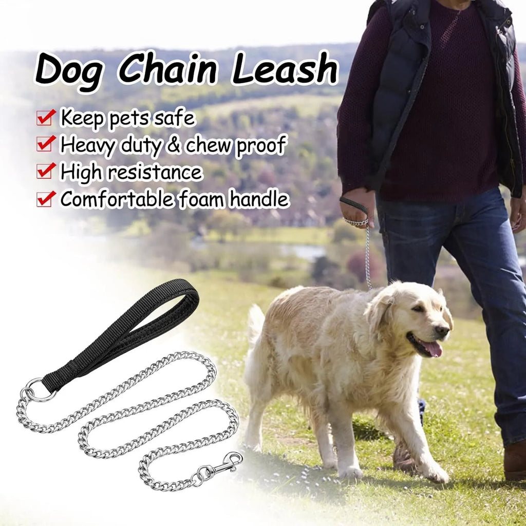 Heavy duty metal dog leash with a soft black padded handle and chrome chain.