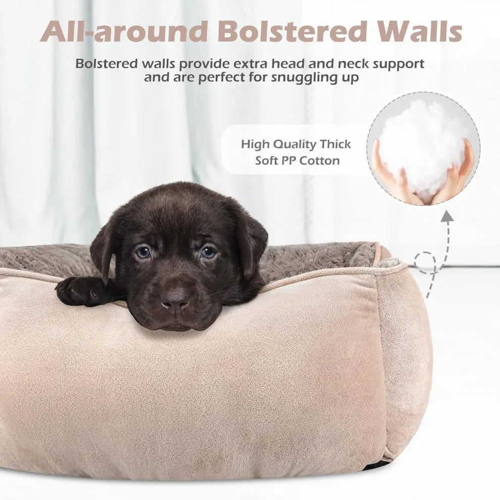 Beige stuffed kennel dog bed for a large Golden Retriever, showing soft nest design.