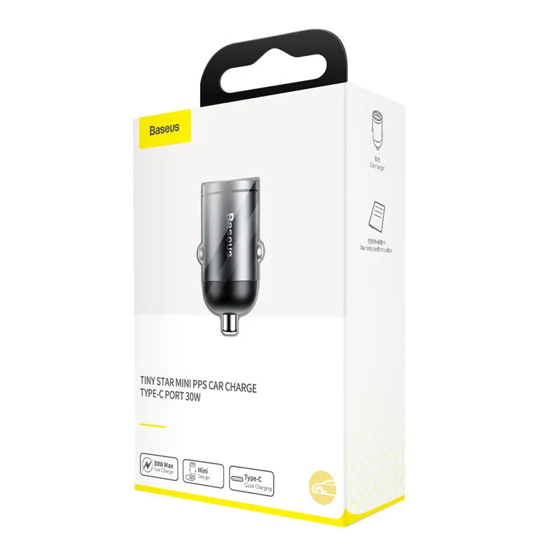 Baseus electro-optical grey 30W PPS fast car charger with 1 metre USB cable.