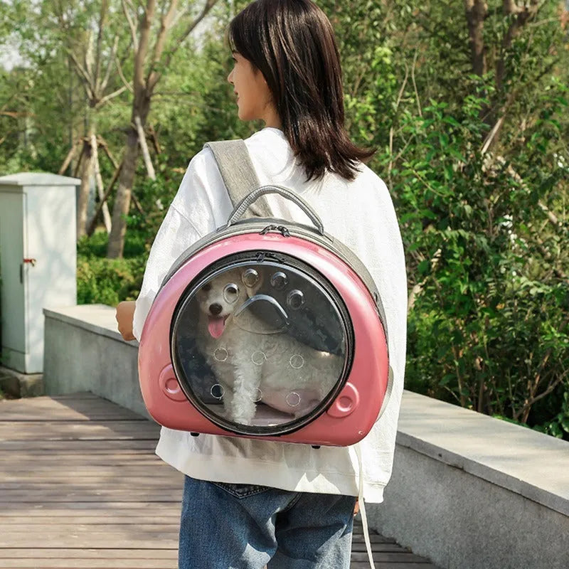 Transparent cat carrier bag in metallic colour with space capsule design for pet transport