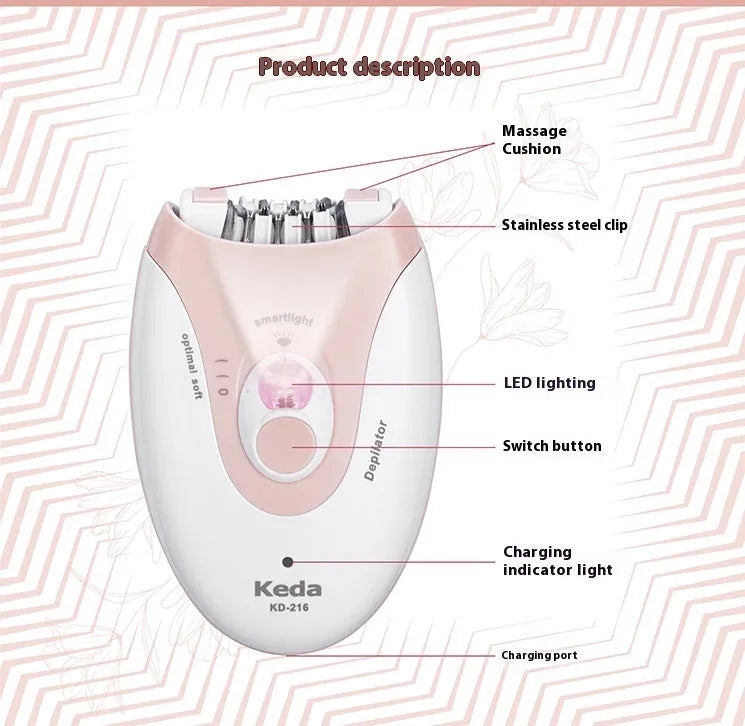 USB powered electric hair removal epilator device in KEDA-216 colour with brush cleaning system