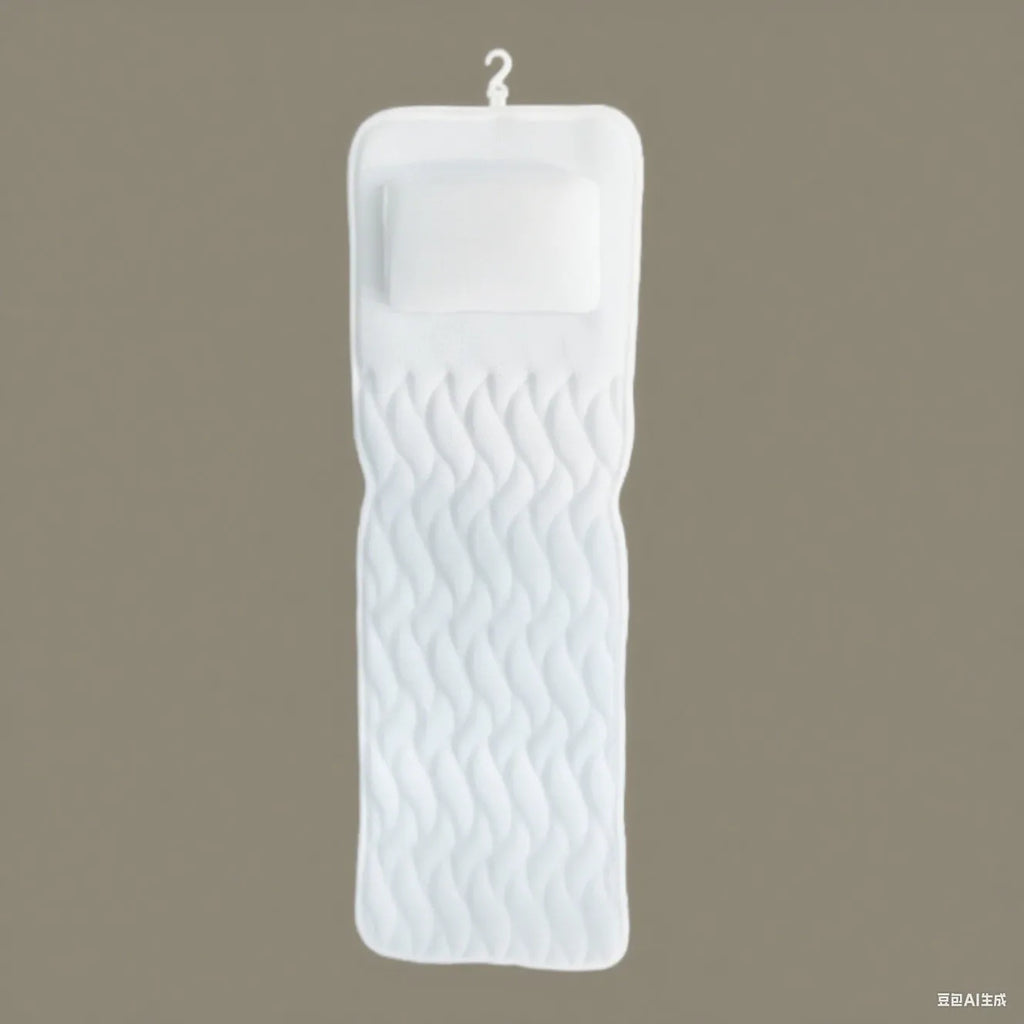 White bath pillow with suction cups on 3D mesh material for bathtub use