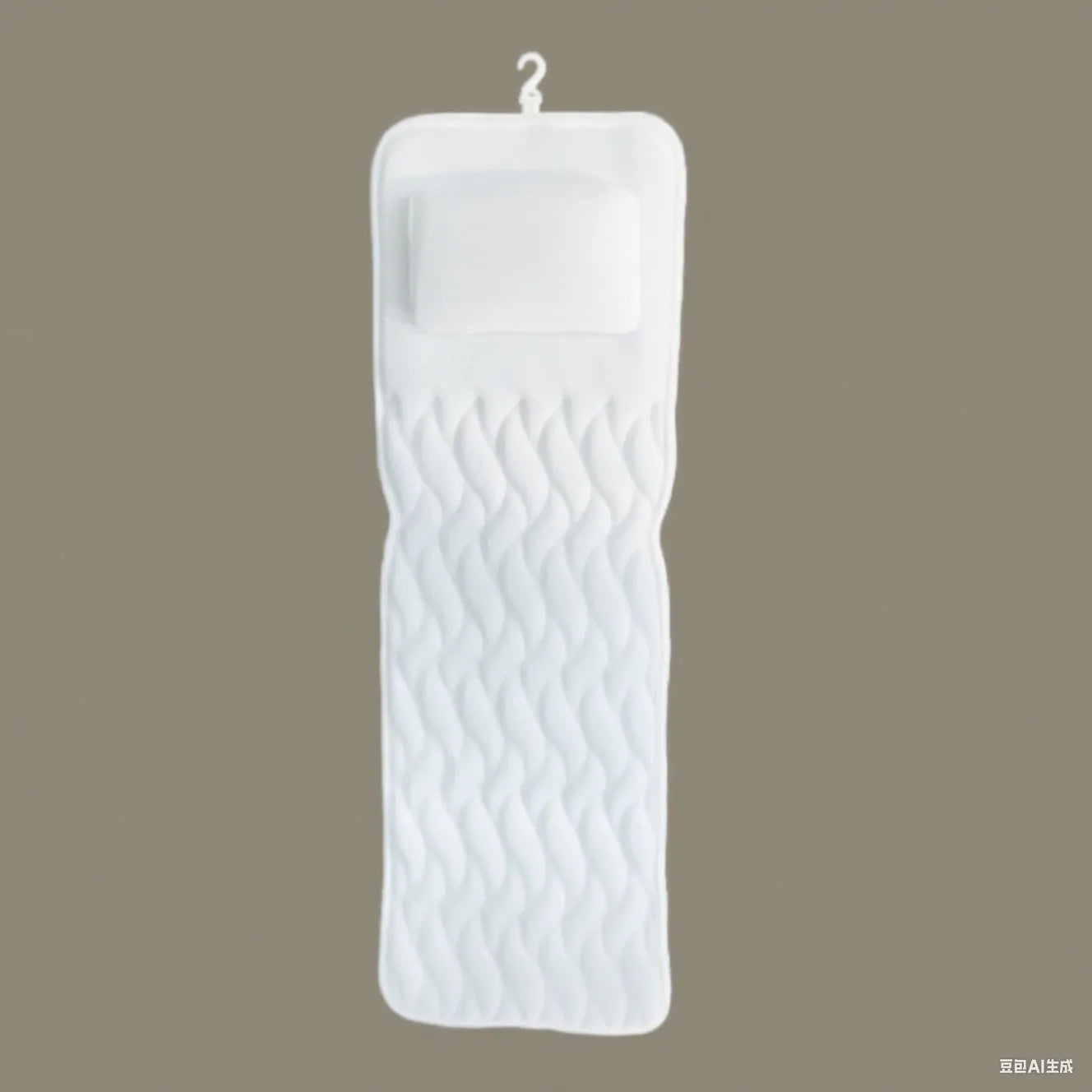 White bath pillow with suction cups on 3D mesh material for bathtub use