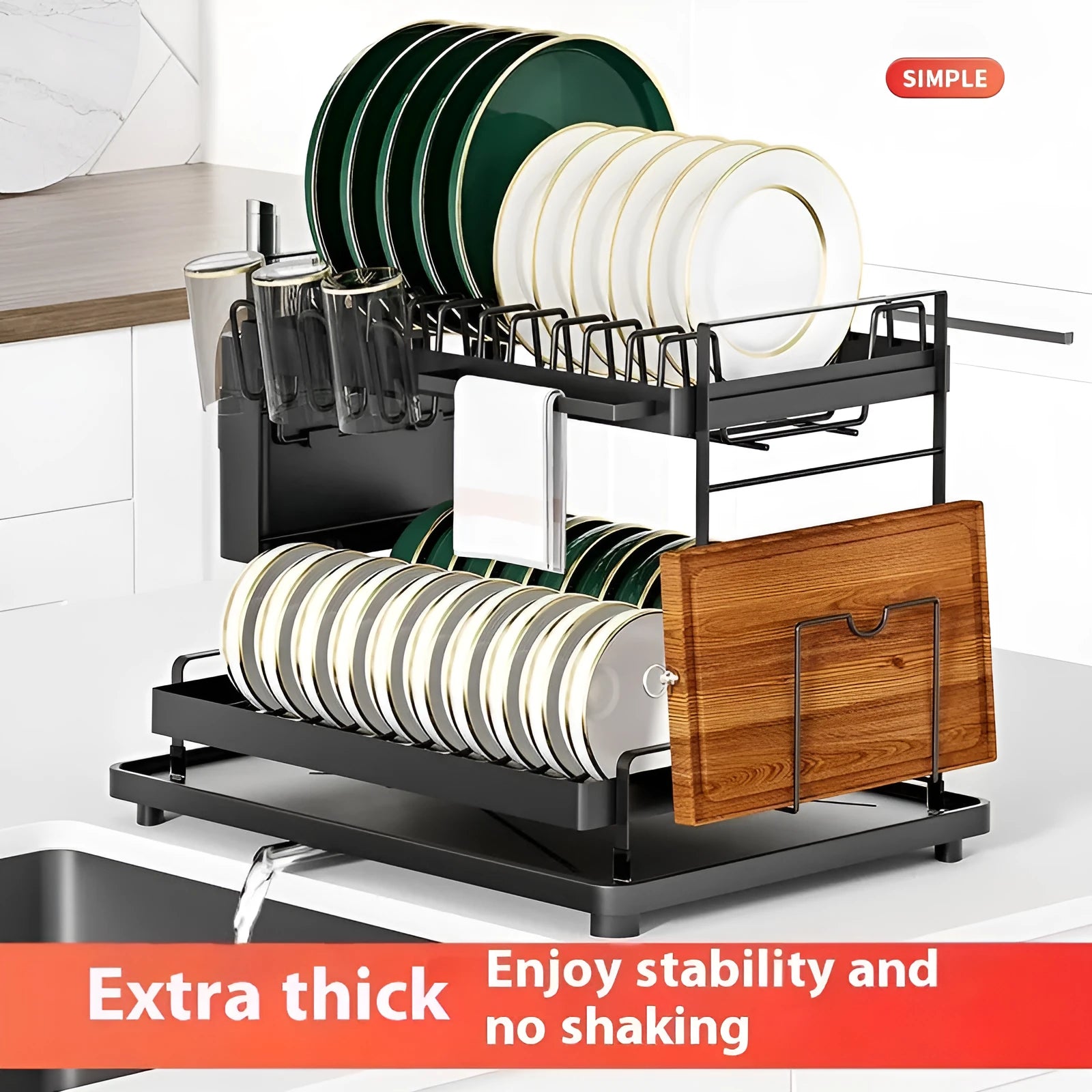 White double-layer kitchen storage rack with a removable plastic draining tray on the bottom shelf.