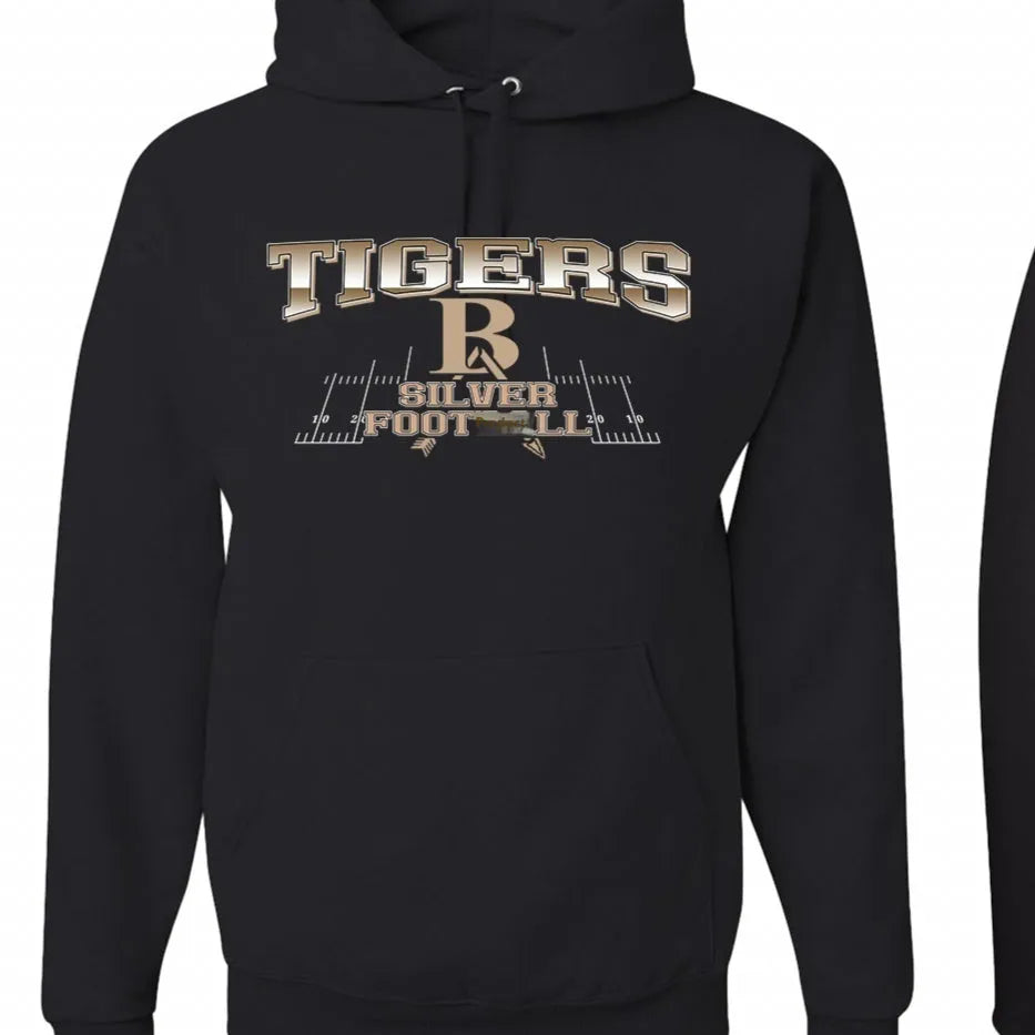 Black men's drop-shoulder hoodie laid flat, showing relaxed sleeve design and pullover style.
