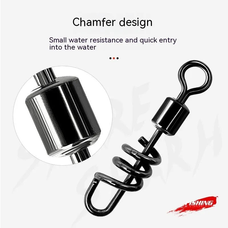 Stainless steel 8-shaped fishing swivel connector with brass snap clasp.