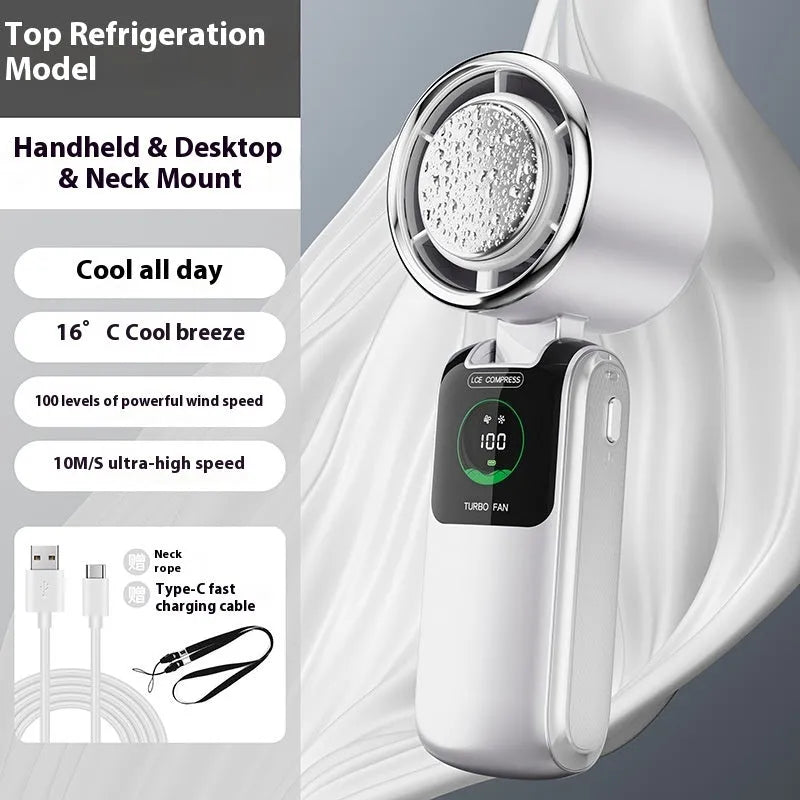Handheld folding mini fan in blue colour, showing compact design and USB port.