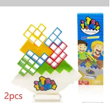 Plastic balance stacking board game with coloured building blocks on chassis for kids and adults