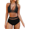 Women's polyester fibre bikini swimsuit in black, rose red, or leopard print with matching top and briefs