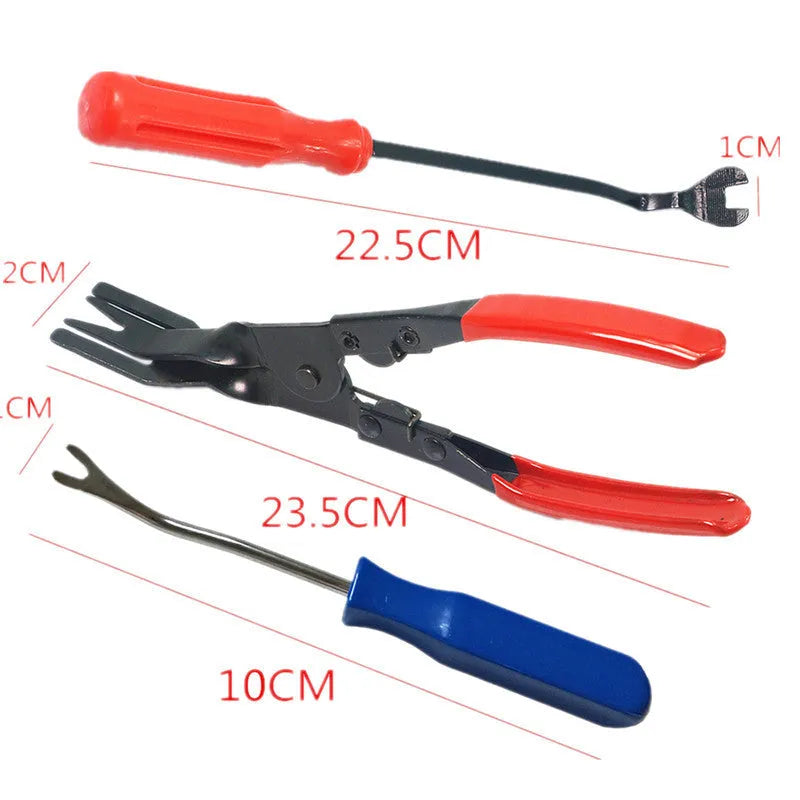 Red-handled steel automotive clip driver tool for General Motors door panel and horn nailing.