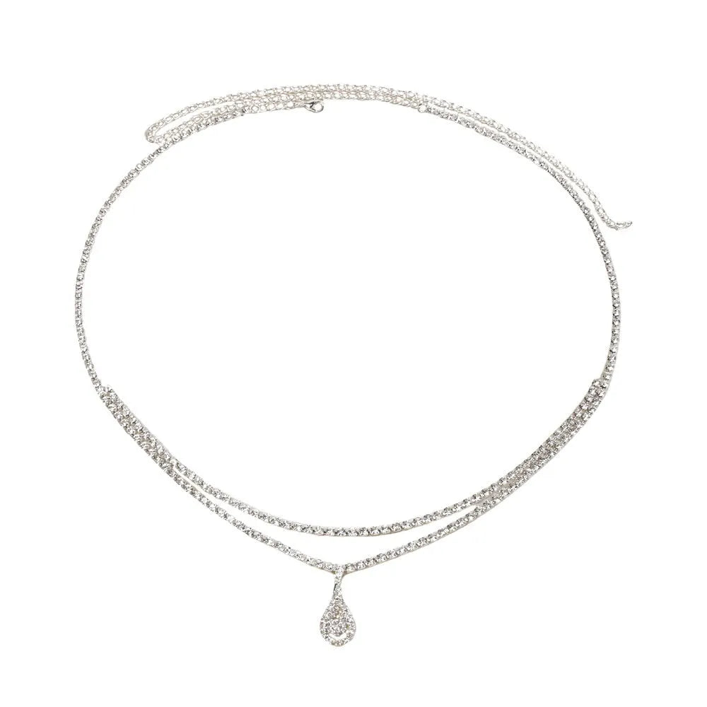 Gold or silver rhinestone waist chain with tassel detail and lobster buckle fastening