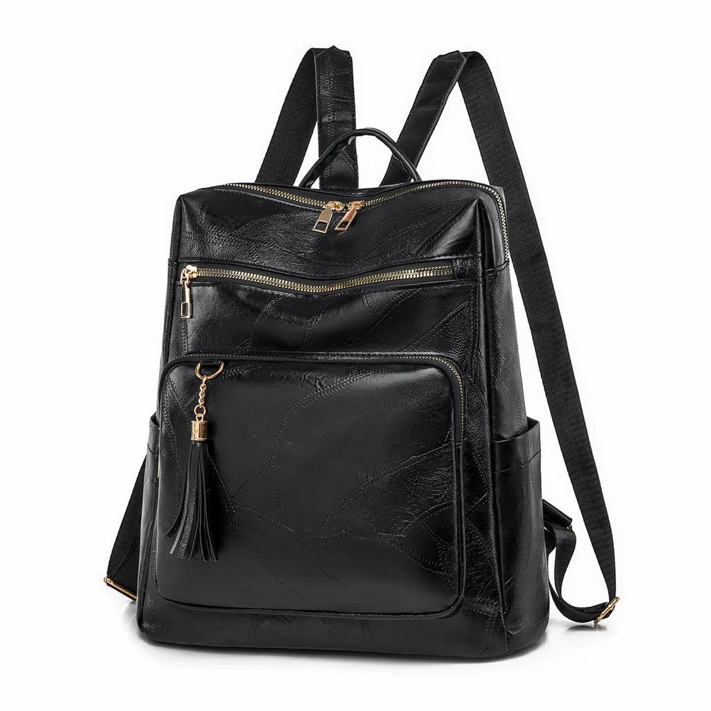 Women's large-capacity retro PU backpack with plaid design in brown, three-dimensional outer pocket visible