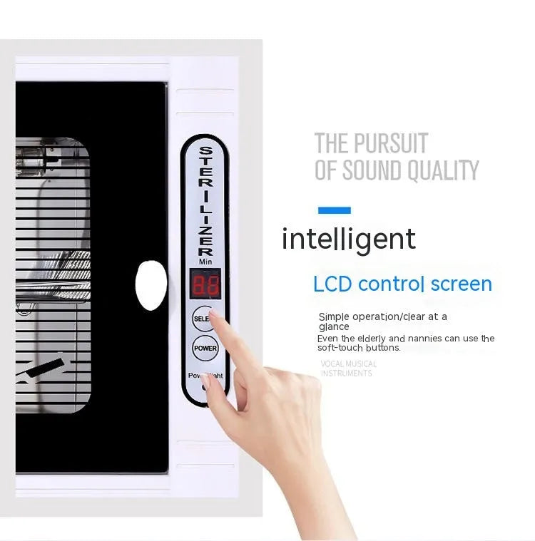 Silver mini UV steriliser cabinet with stainless steel liner for salon tool disinfection.