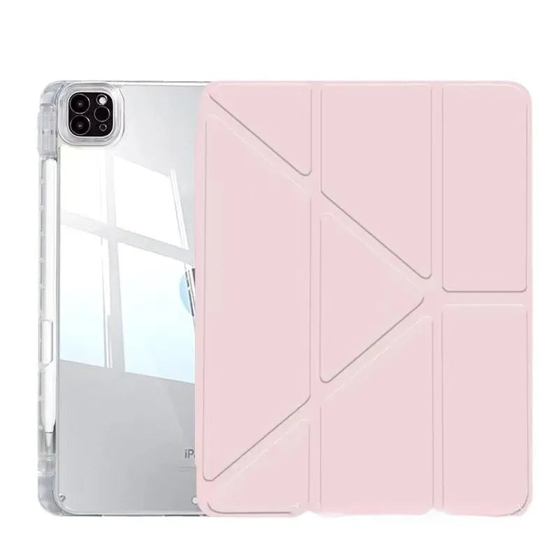Transparent acrylic iPad protective cover with built-in folding stand in multiple colour options