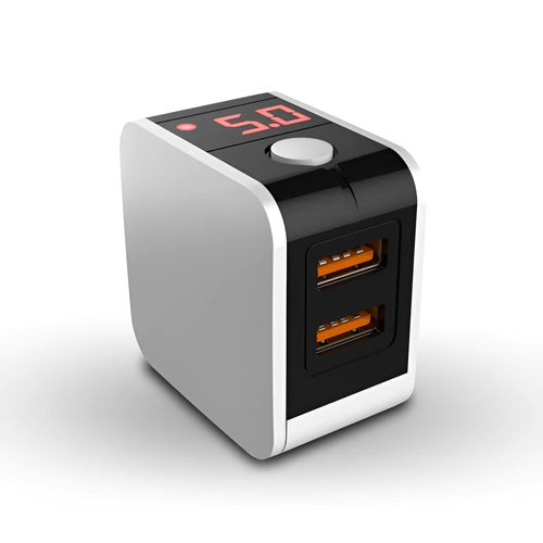 Black 5V 2.4A dual USB travel charger with digital display and a UK plug on a white background.