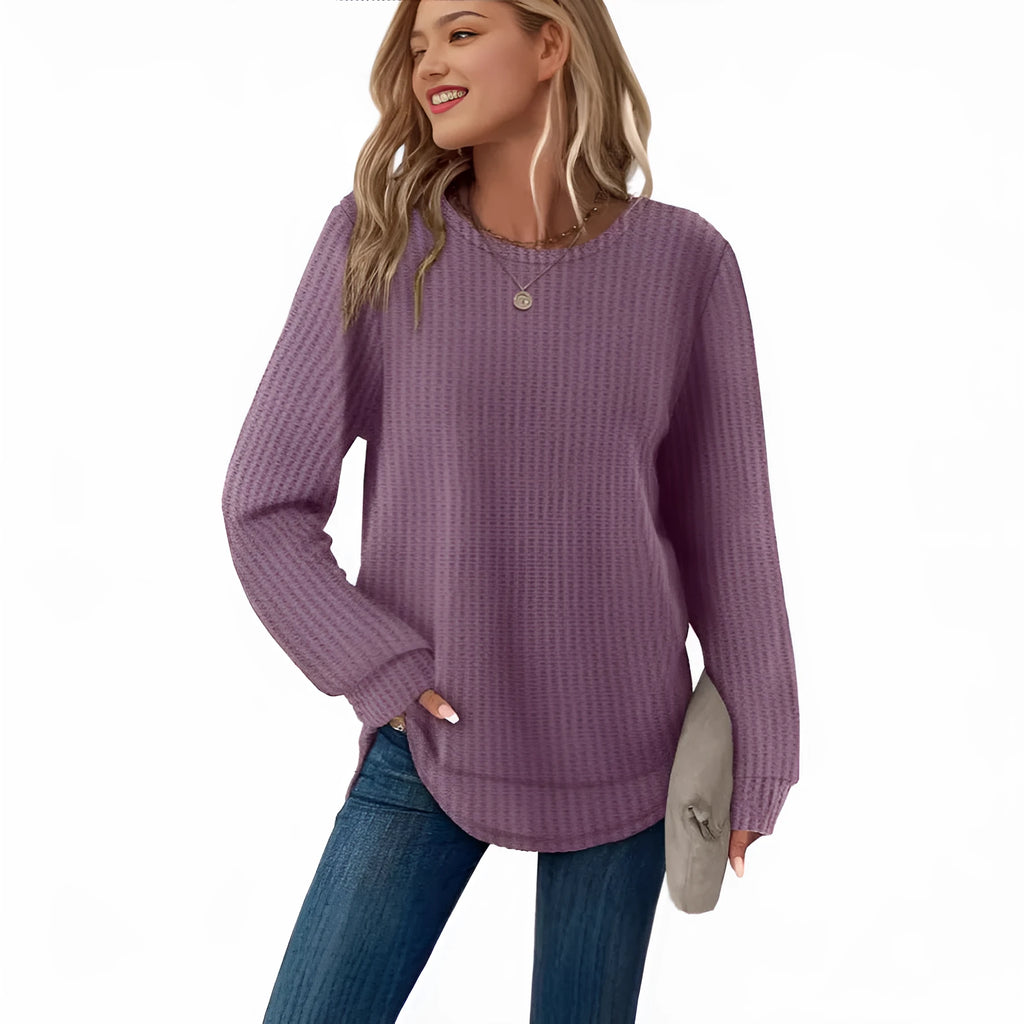 Waffle Loose Round Neck High and Low Curved Hem Top in Solid Colour Pullover with Plaid Pattern for Casual Commute Wear Available in Dark Khaki Gray Sea Blue Dark Purple Green Sizes S M L XL XXL