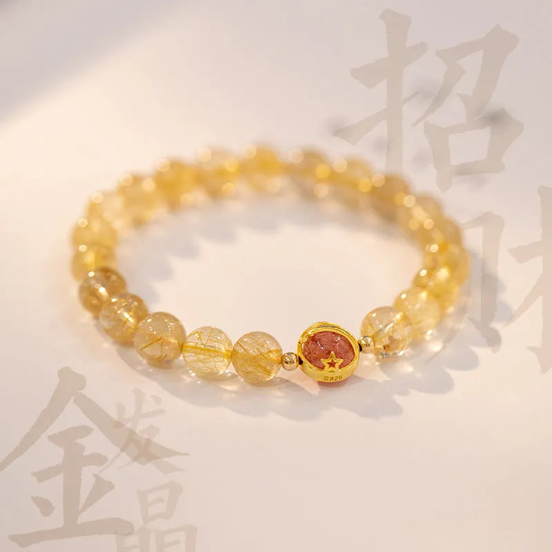 Natural citrine gold rutilated quartz crystal bracelet in Korean diamond style