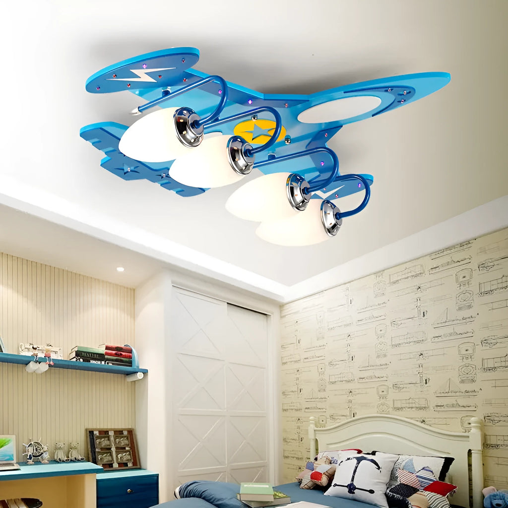 Wooden airplane-shaped children's ceiling light with rectangular glass shade and remote control