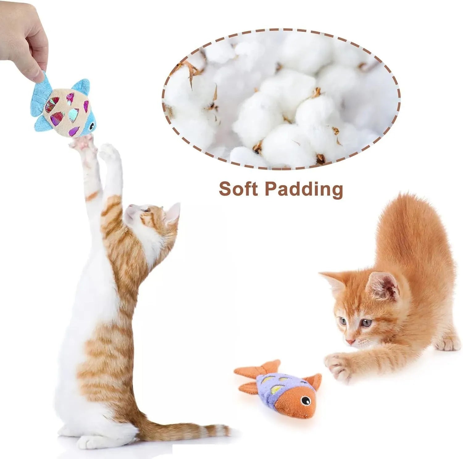 Blue, orange and pink fish-shaped cat toys with plush exterior and crinkle paper elements