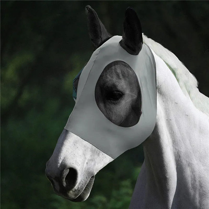 Lycra horse fly mask with ears, check pattern, mesh face, available in blue purple rose red grey black.