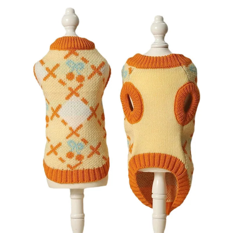 Orange cherry pattern cat sweater for windproof warmth in autumn and winter, sizes S to XL