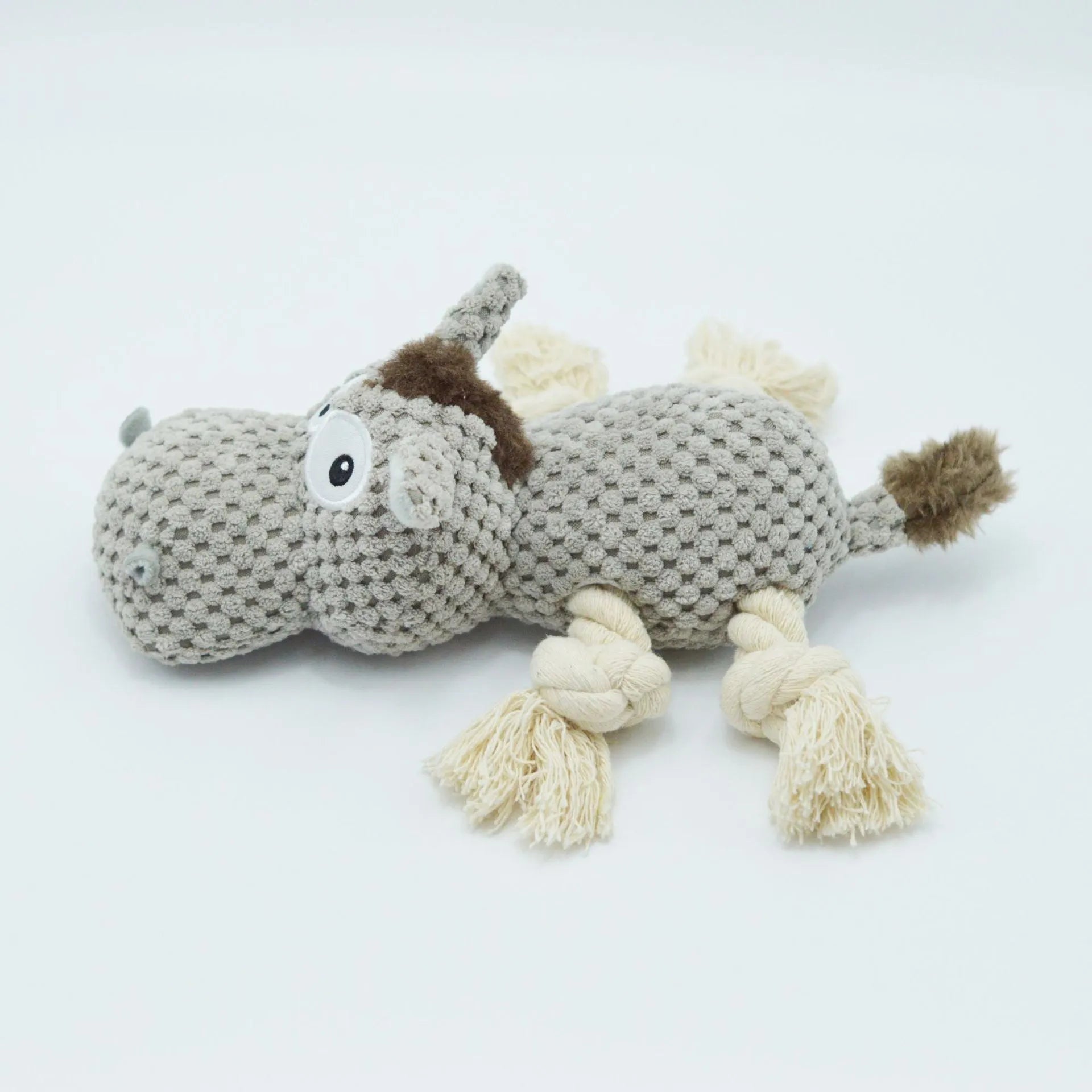 Grey donkey-shaped plush dog toy with cloth velvet material showing dimensions of approximately 27cm