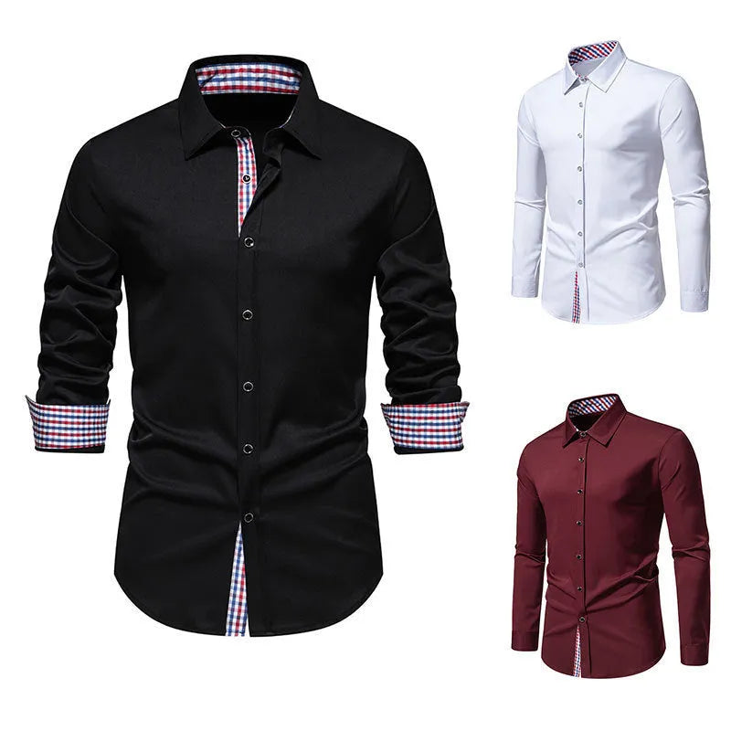 Men's loose plaid casual long-sleeved shirt in polyester blend fabric, available in multiple colours