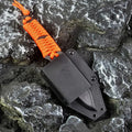 Camping survival knife with rope-wrapped handle and ABS sheath showing blade and full length
