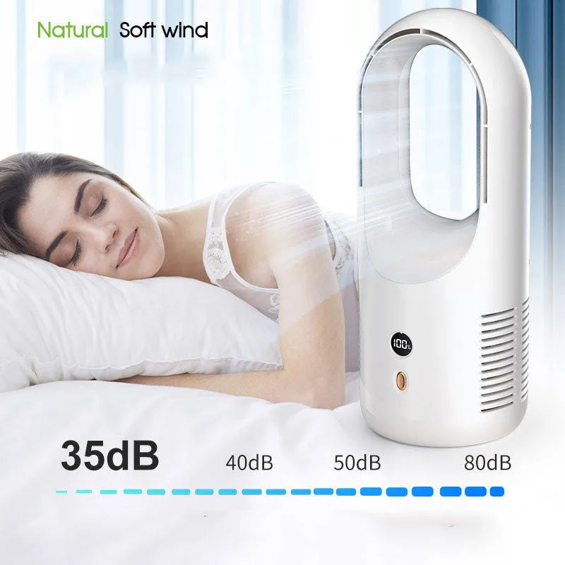 White USB rechargeable bladeless desktop fan with LED display on a wooden desk.
