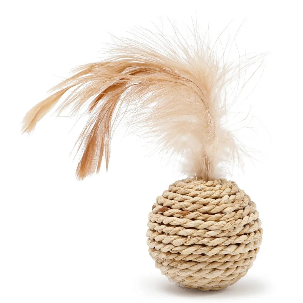Two cat toys: hollow rattan ball and faux feather ball with bell for interactive kitten play